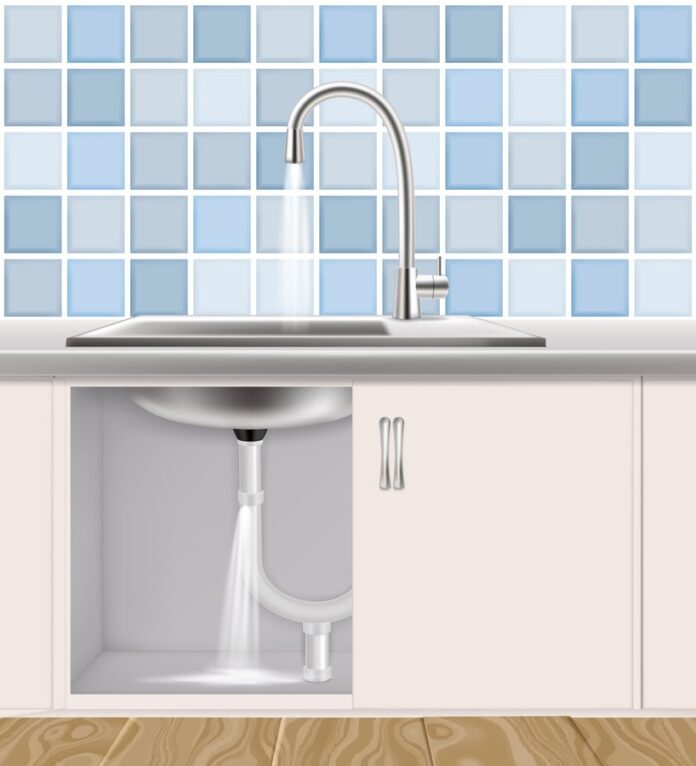 Leaking water pipe, plumbing accident vector illustration